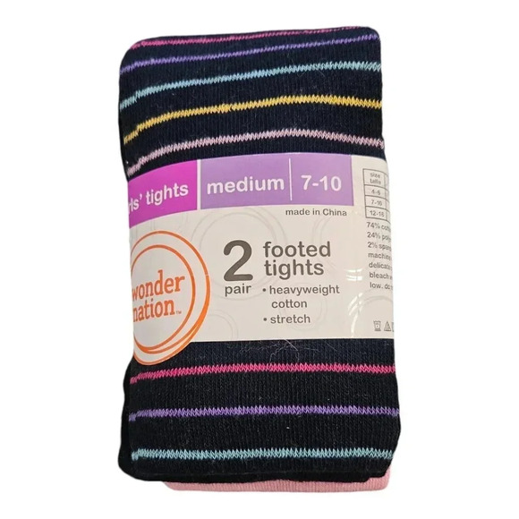 Girls MEDIUM 7-10 Navy Blue with 70s Stripes and Bubblegum Pink Tights Set of 2 - Picture 1 of 5